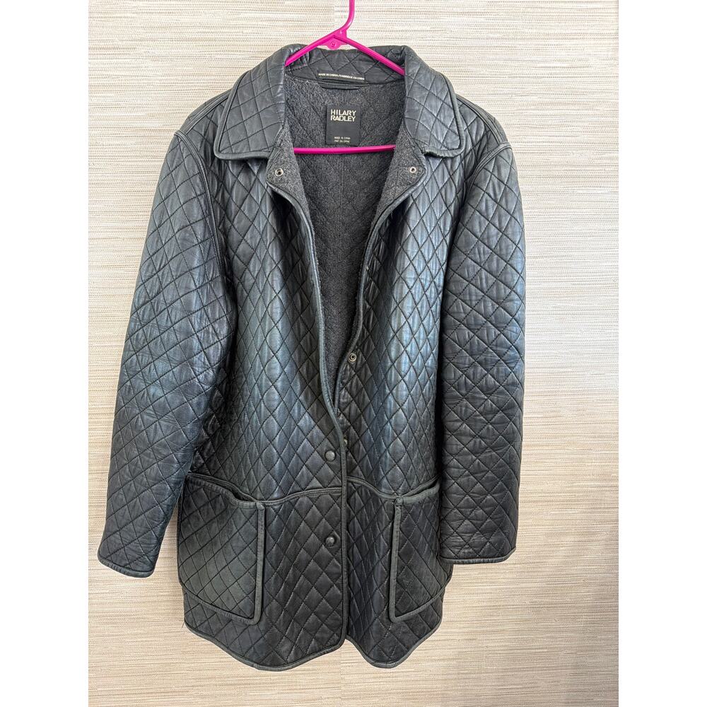 Hilary Radley Vintage Black Quilted Leather Barn Coat women's size L